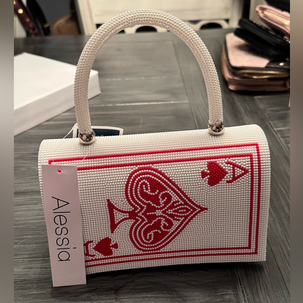 Alessi White and Red Ace of spade Card beaded bag. NWT